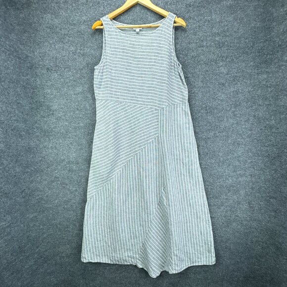 J.‎ Jill Love Linen Dress Womens Medium Gray White Stripe Sleeveless Midi Casual - Picture 1 of 15